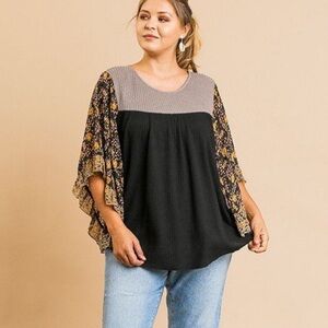 UMGEE Waffle Knit Boho Mixed Media Top Blouse Floral Sz XL